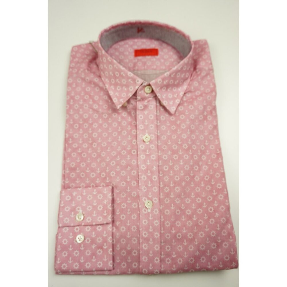 Isaia Bubblegum Nautical Anchor Boat Long Sleeve Cotton Dress Shirt 15.5/39 NEW